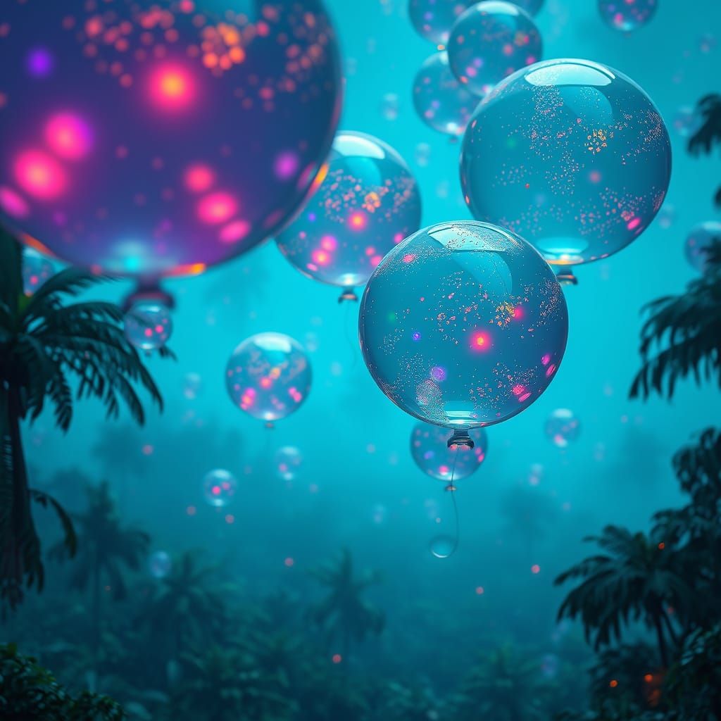 Surreal Bioluminescent Balloons Over Rainforest: Detailed Ma...