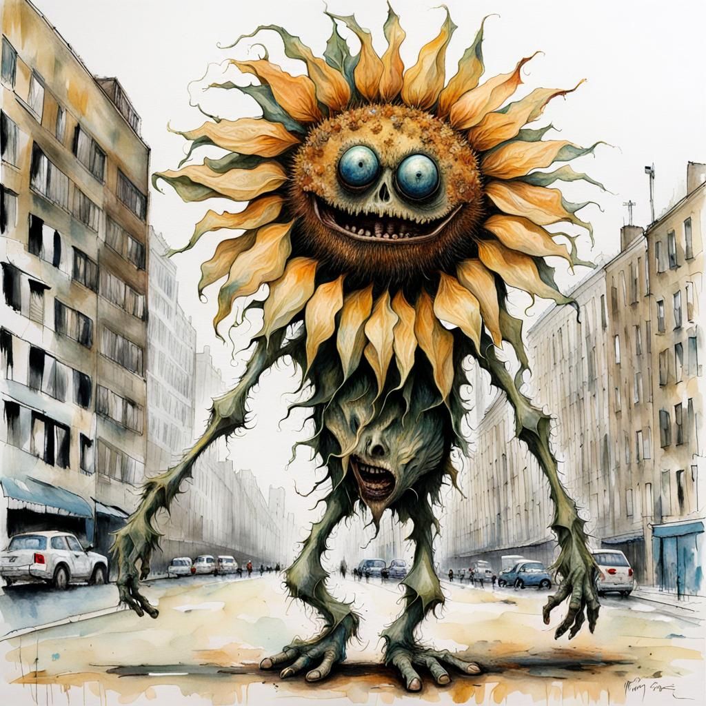 Zombified Sunflower Walks in Dark Fantasy City