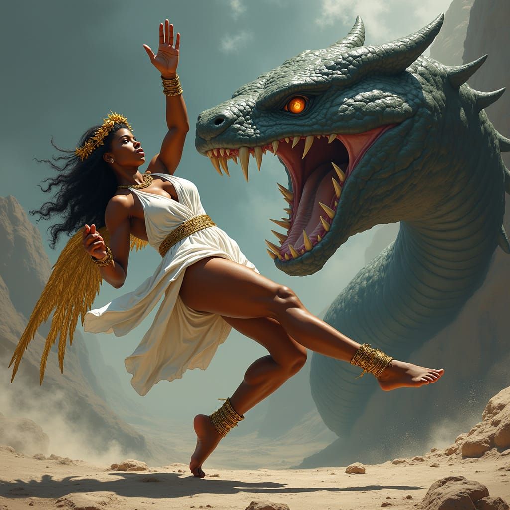 Athletic Woman in Greek Toga Performs Flip Kick