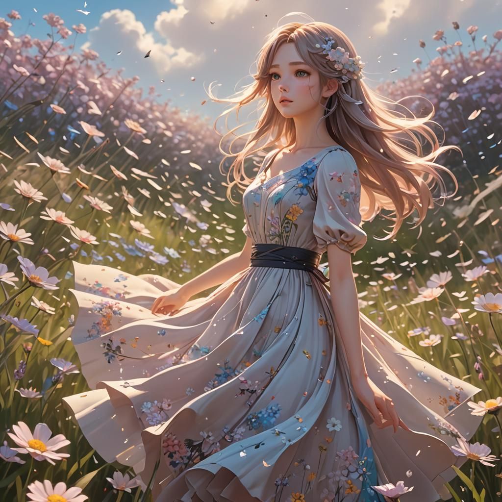 Surreal Anime Girl in Flower Field with Pastel Colors
