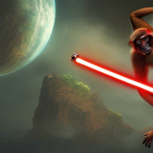 Monkey Falls From Sky With Lightsaber: Detailed Matte Painti...