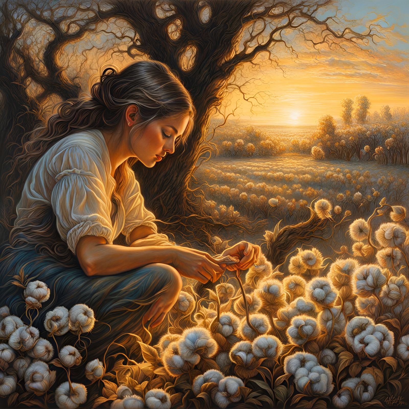 Cotton Picking in Retro Louisiana: Charcoal Drawing