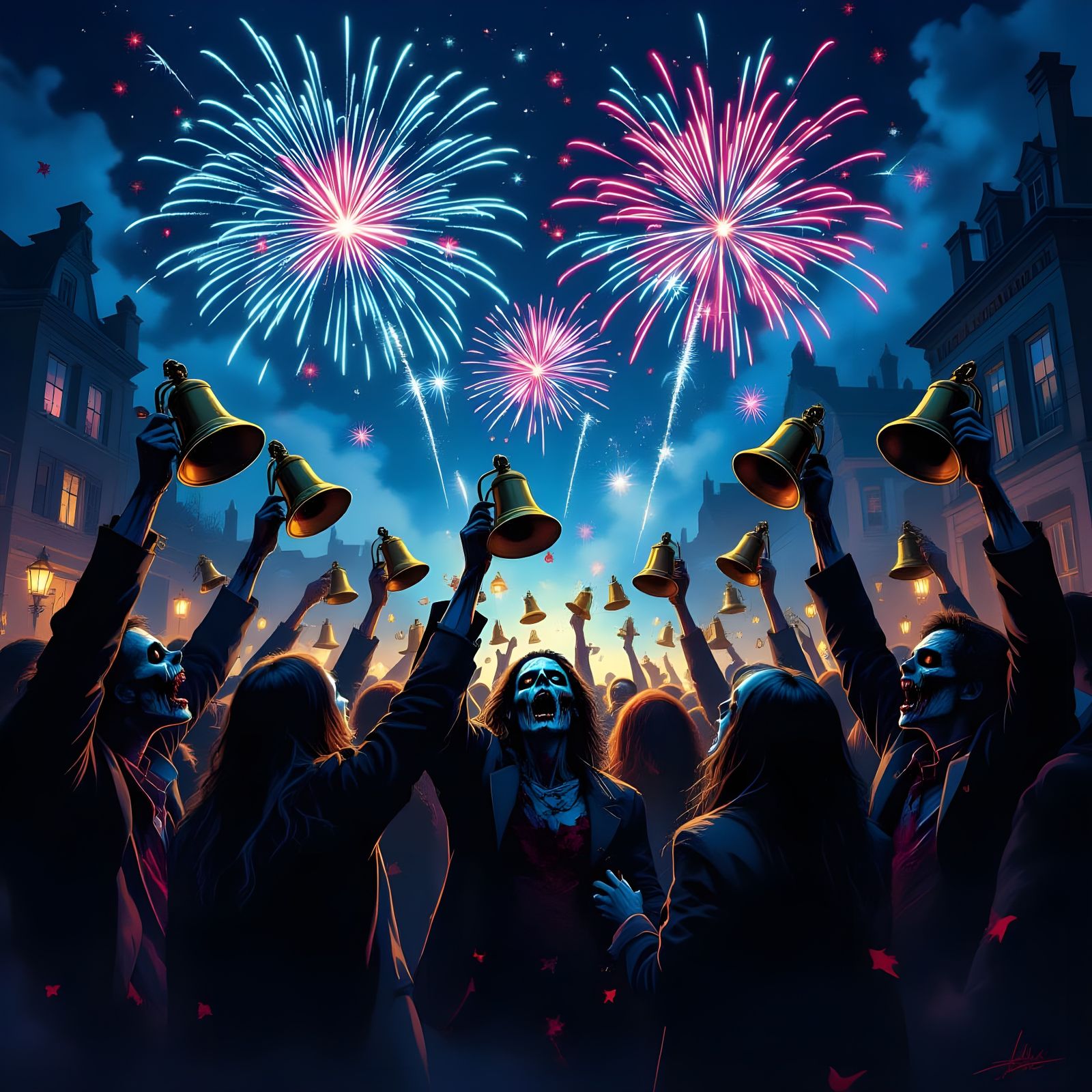 Zombies Ringing Bells on New Year's Eve with Fireworks