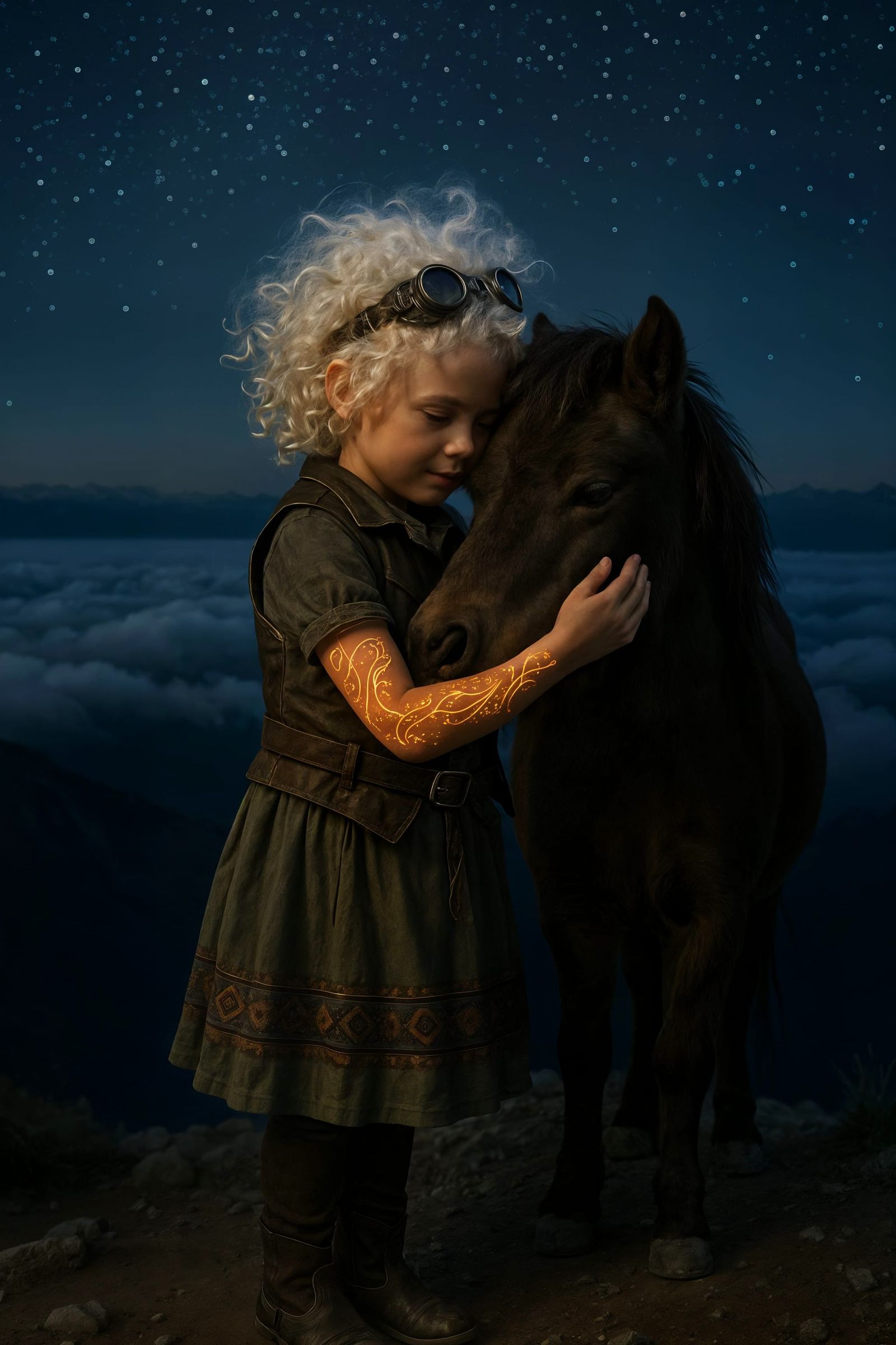 Girl and Pony Under Starry Sky