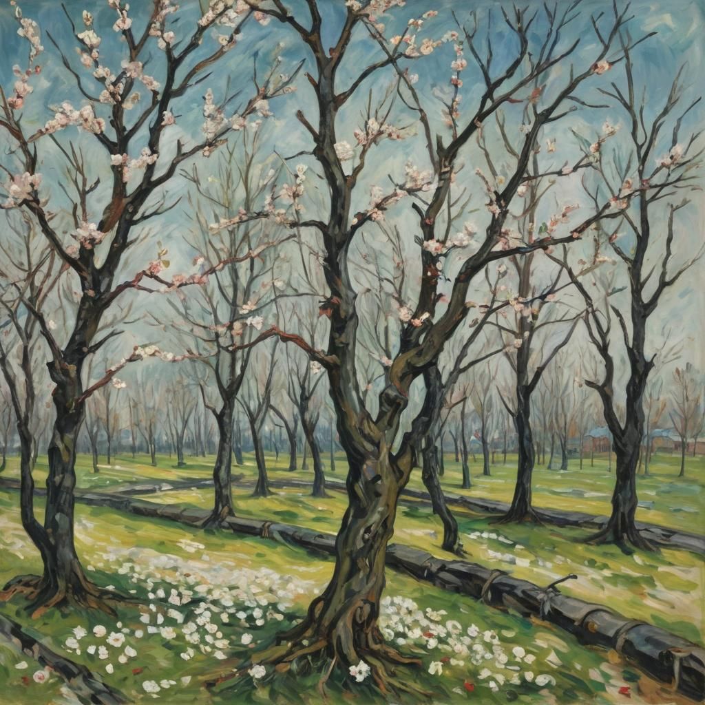Cherry Blossoms on Battlefield: Expressionist Painting