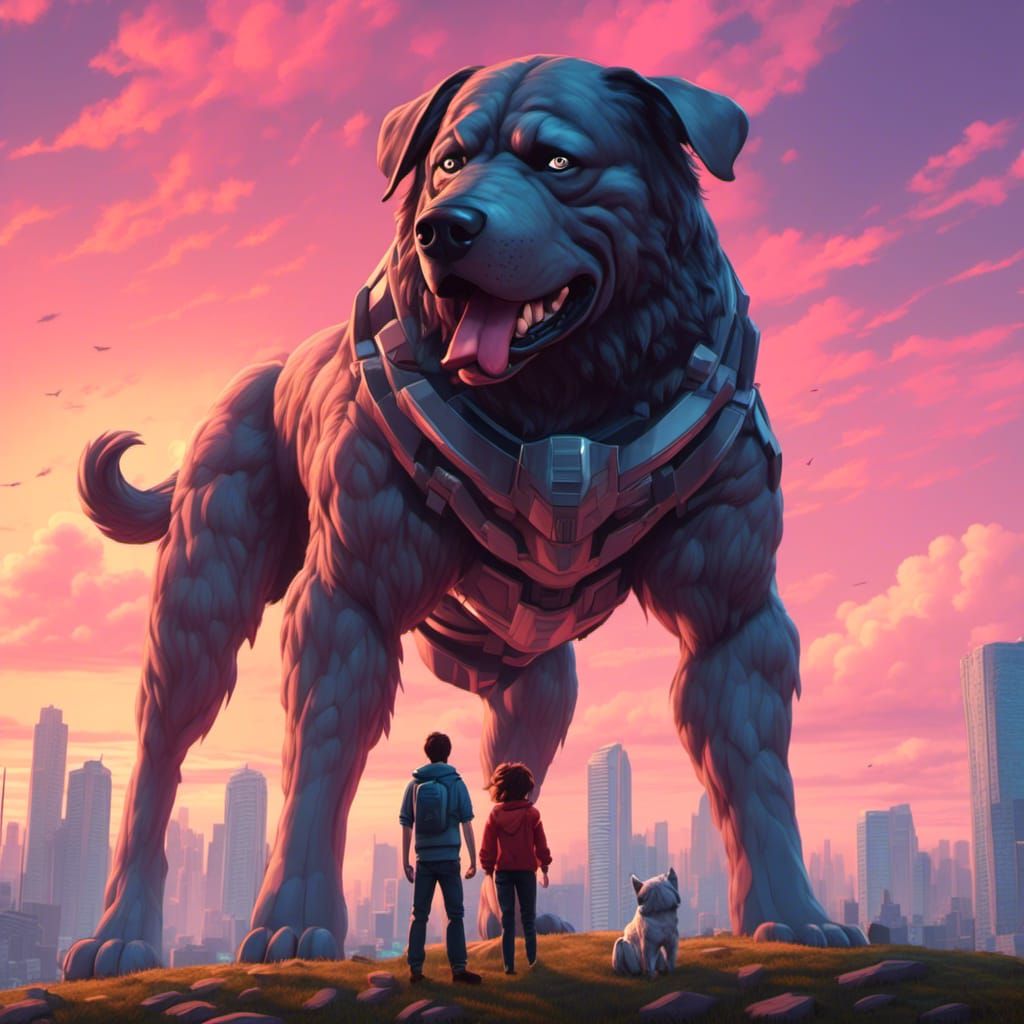 Anime Titan Dog Portrait in 1980s Style