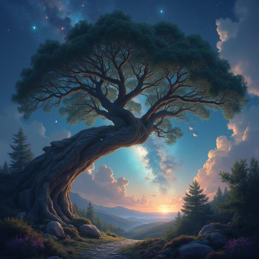 Ethereal Tree Goddess in Cosmic Landscape