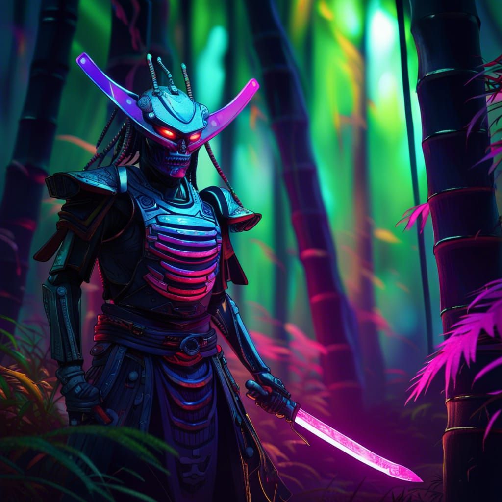 Cyborg Samurai Hybrid in Bamboo Forest