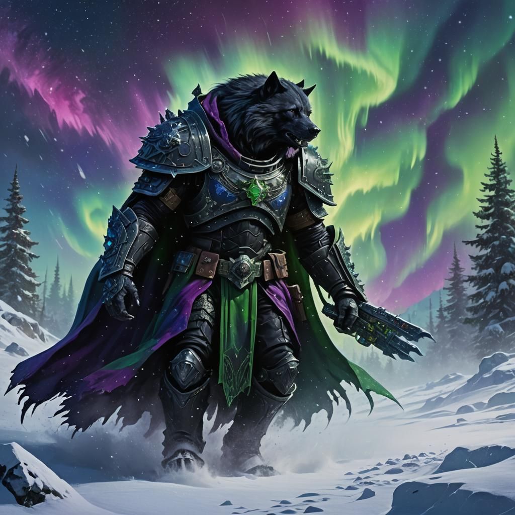Lycanthrope Space Marine in a Dark Fantasy Landscape