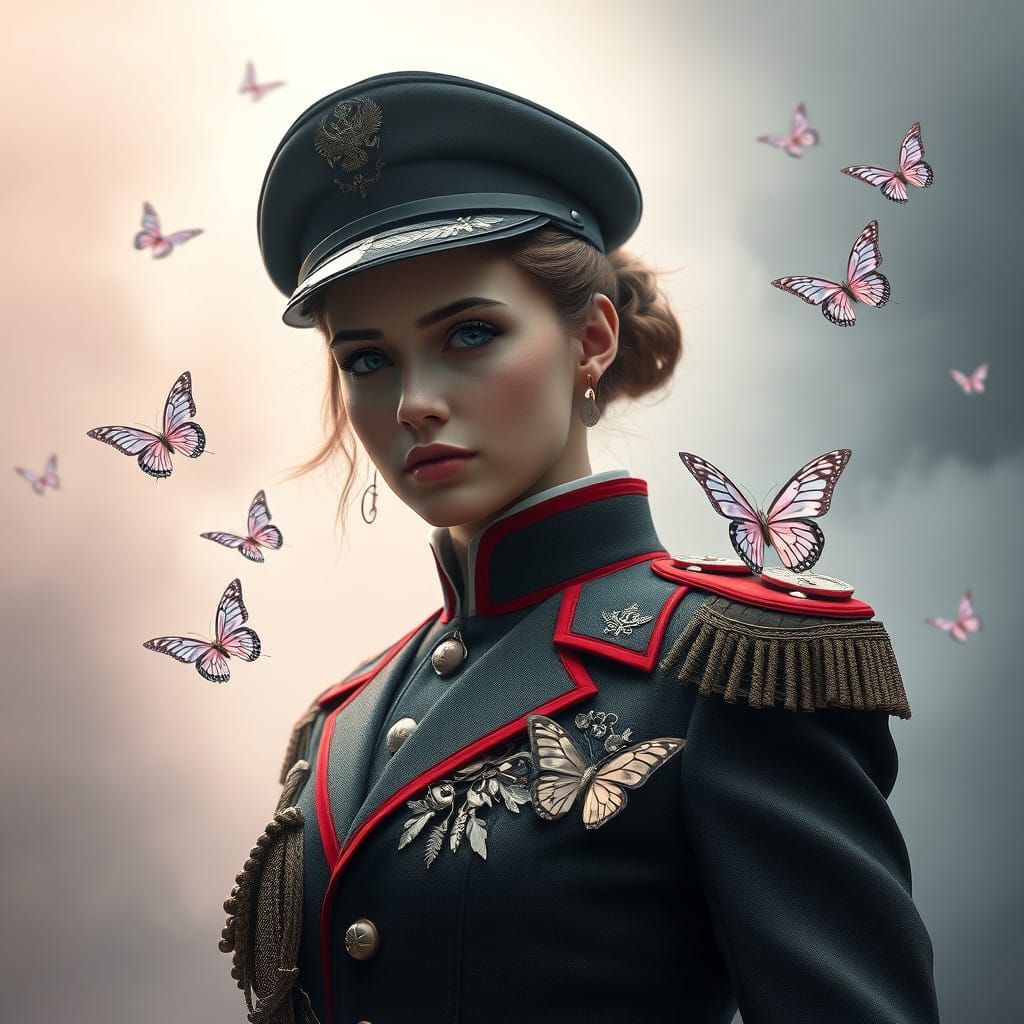 Elegant Russian Soldier in Crimson Uniform, Foggy Backdrop,...