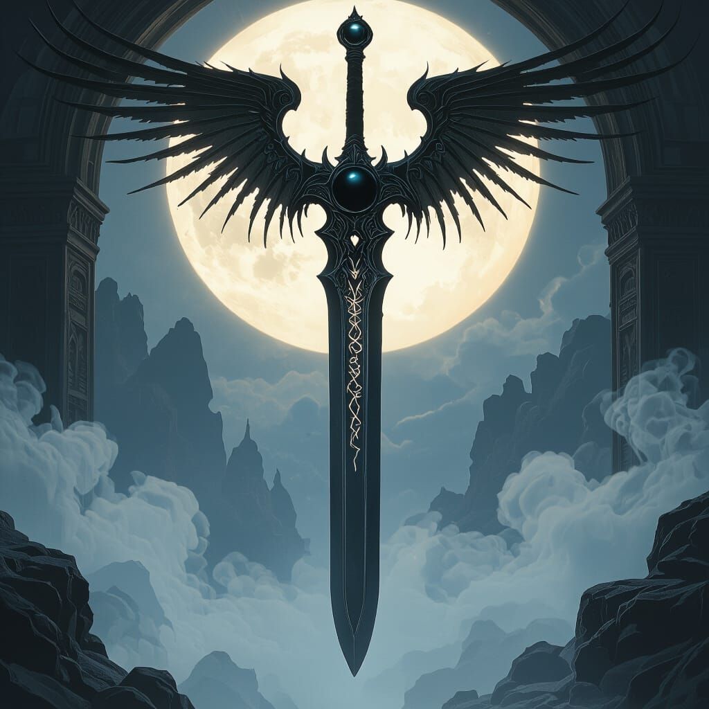 Mysterious Ancient Sword in Eerie Mist, Dark Fantasy