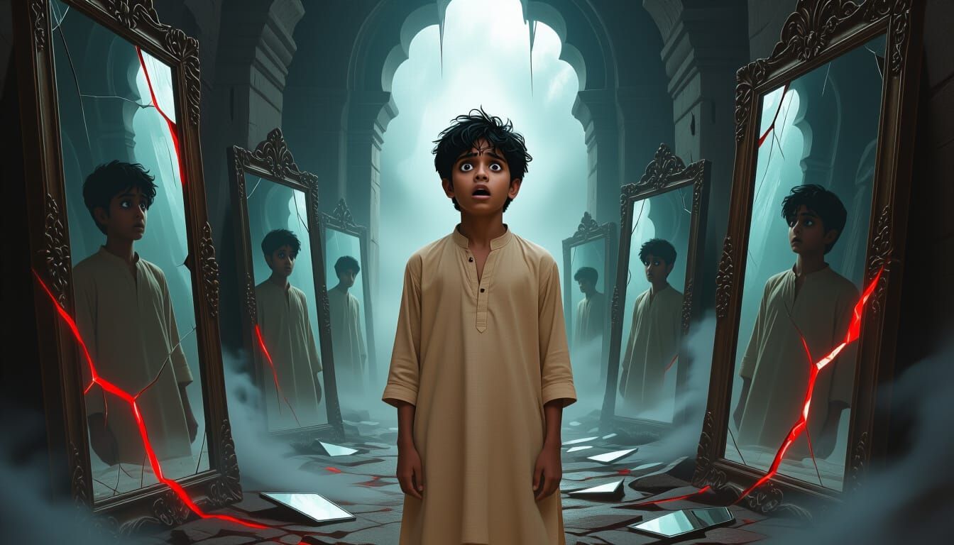 Terrified Boy in Chamber of Broken Mirror Shards