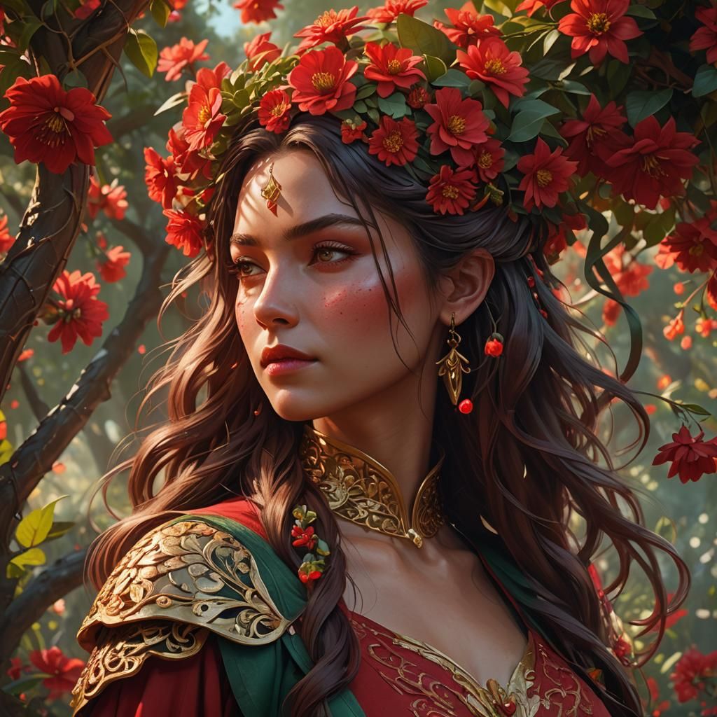Fantasy Girl in Crimson Garden of Flowers
