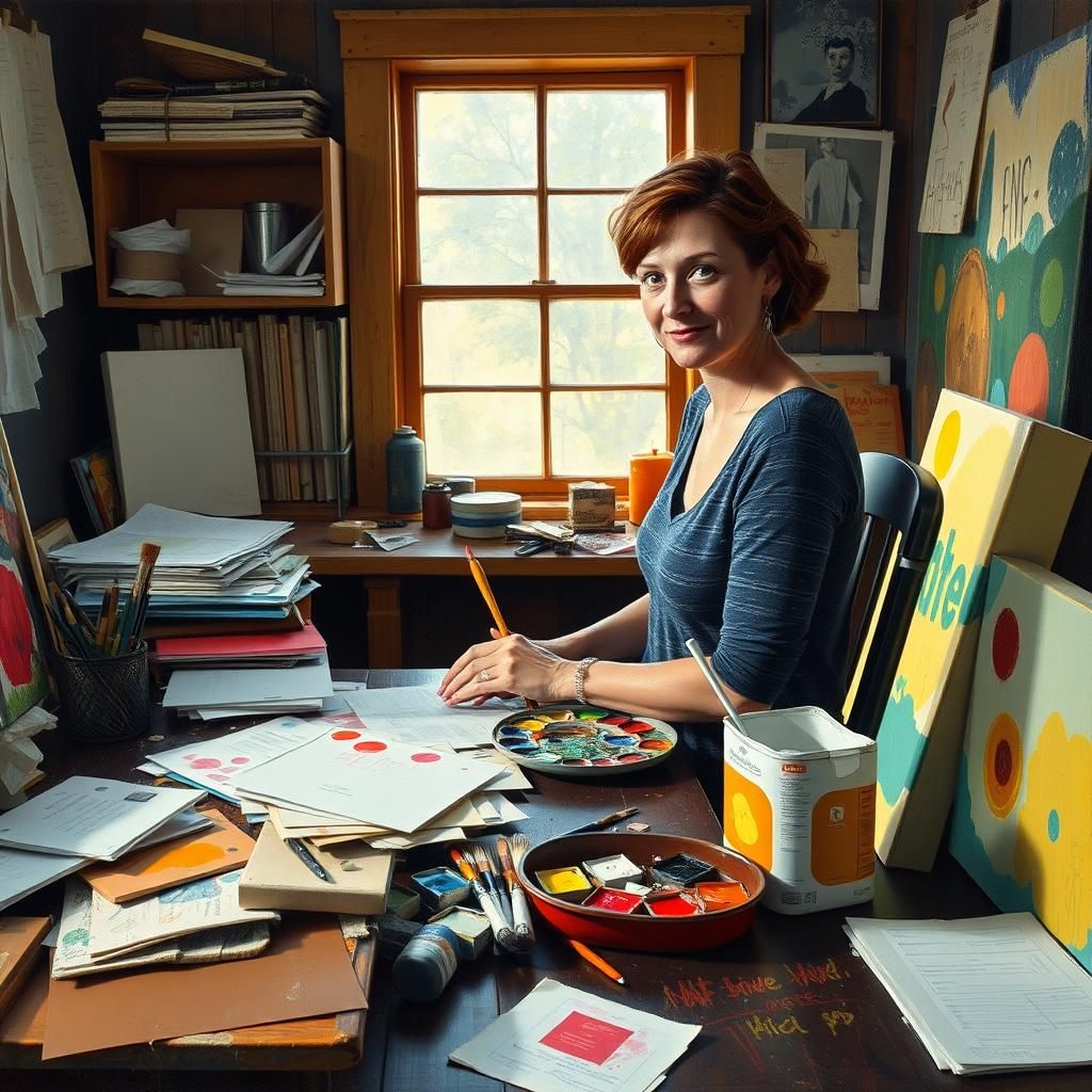 Creative Woman Painting in Studio, Cubist Folk Art
