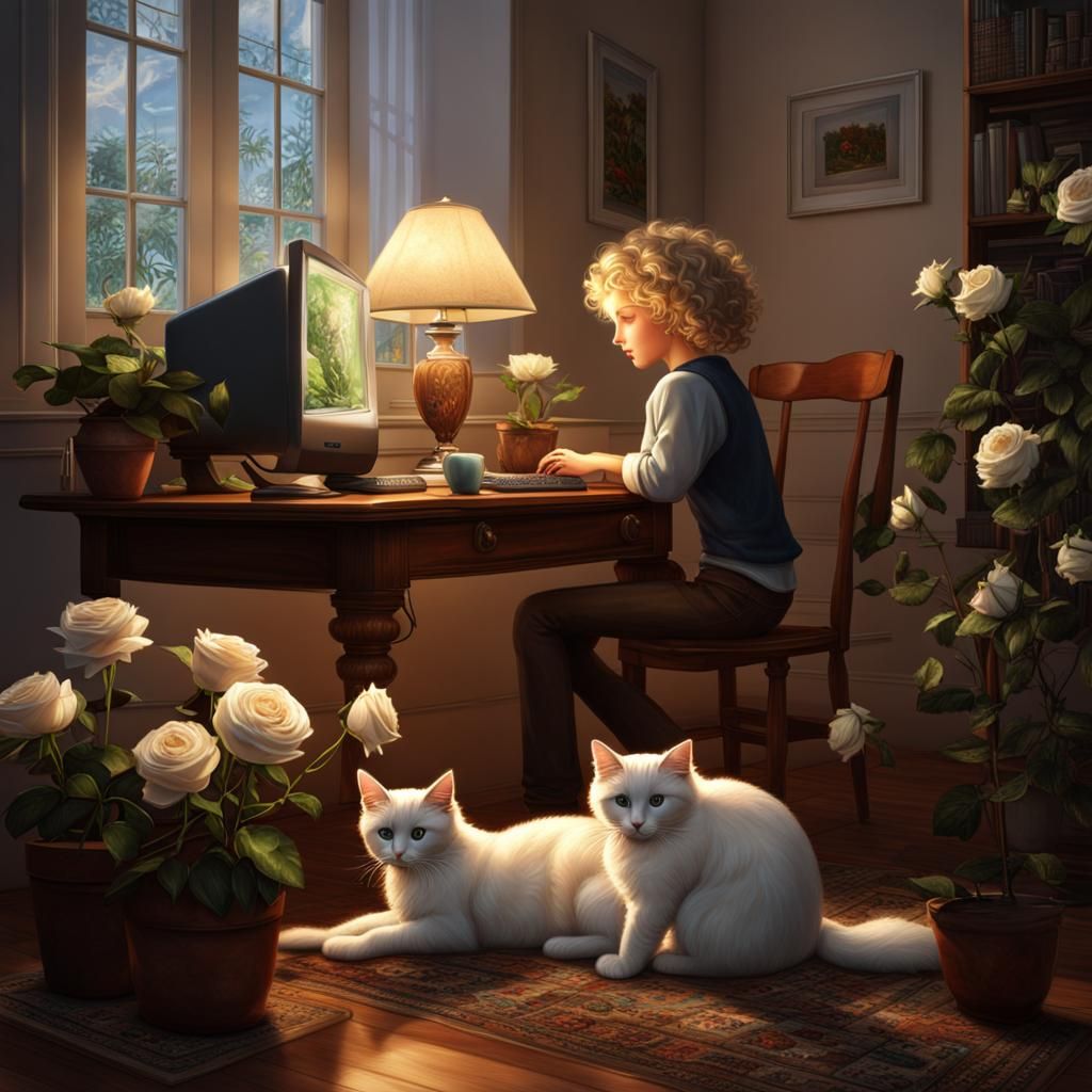 Excited Gamers with Cat, Sci-Fi Graffiti Art