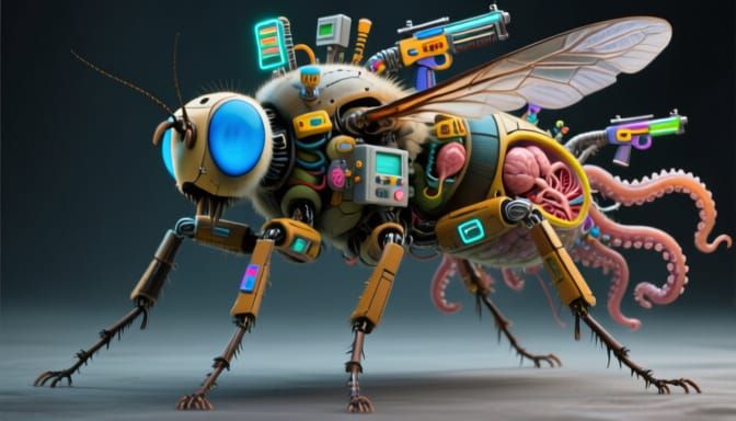 Giant Biomechanical Fly Creature with Neon Eyes
