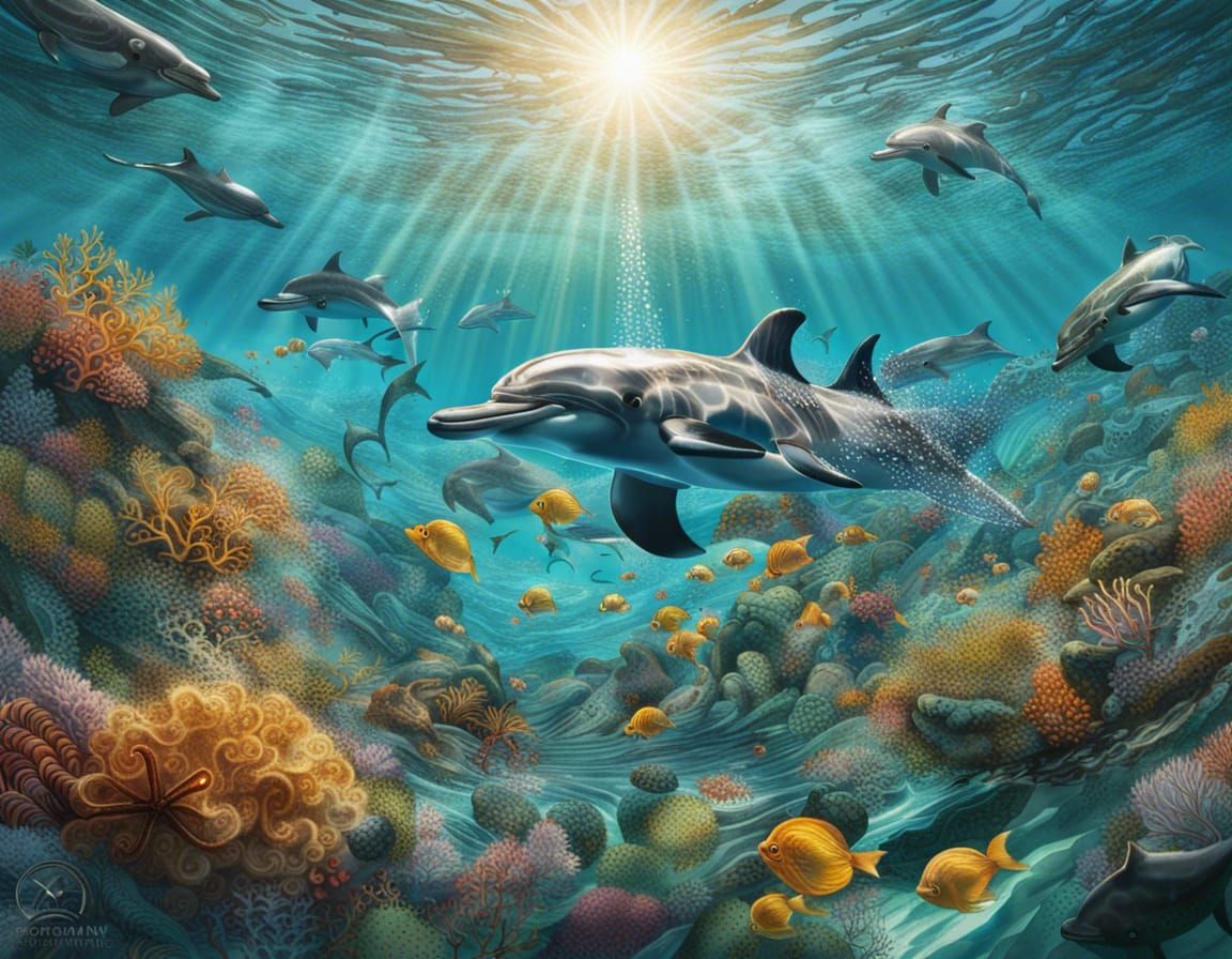 anamorphosis, mega personas, 3 D art, dolphins at play in the ocean, beneath the waves, crystal clear water, small tropi...