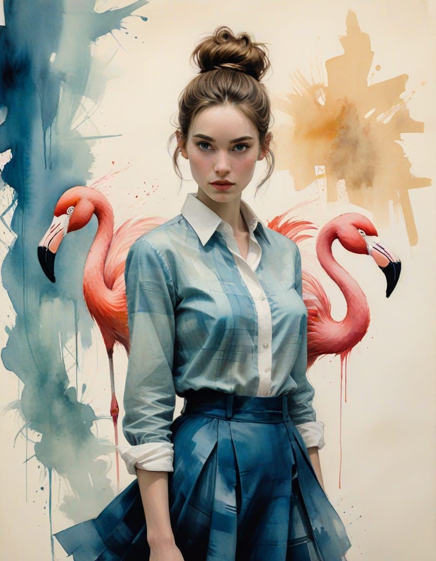 Elegant Woman with Flamingos in Bahamas at Golden Hour