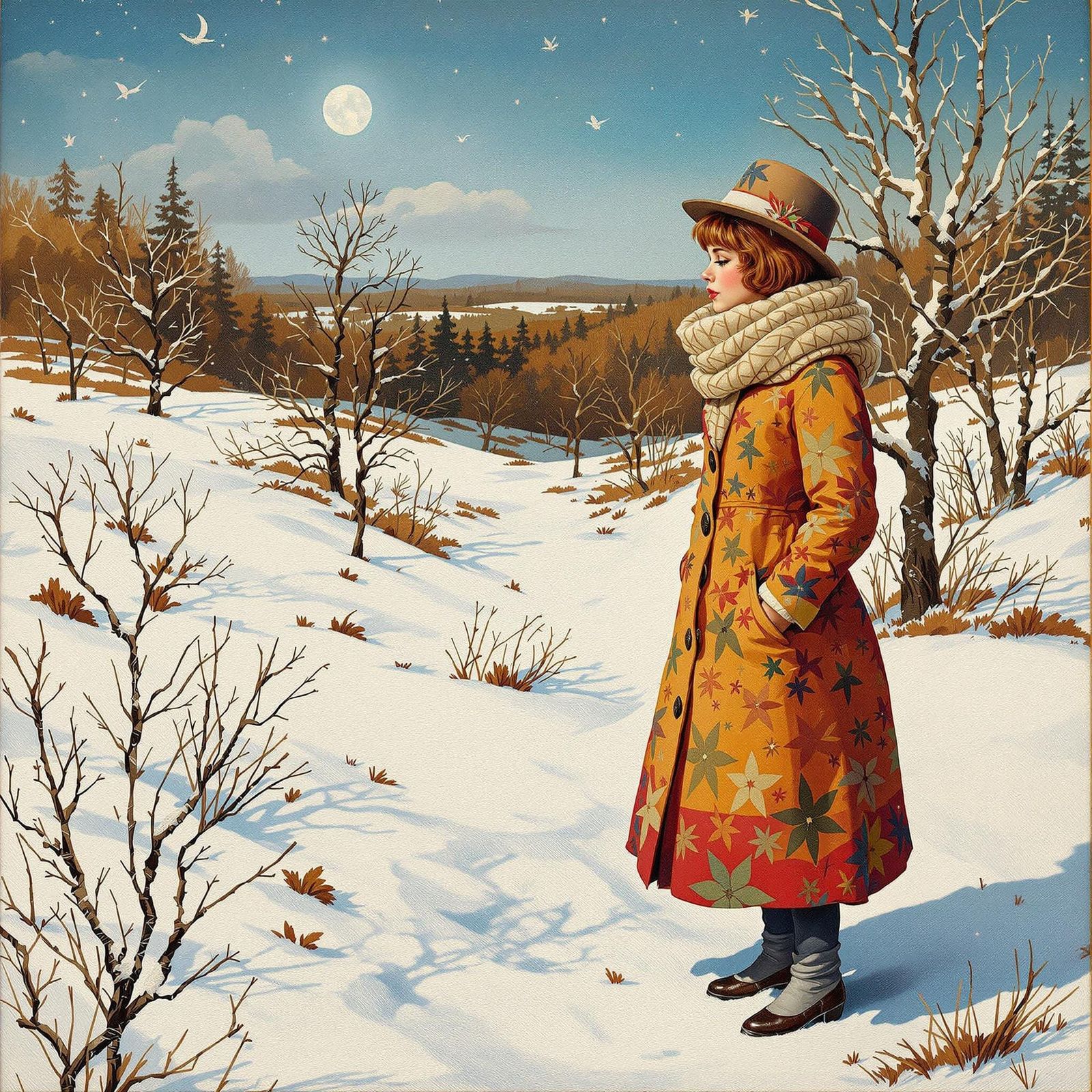Winter Girl in Snow, Naïve Surrealist Painting