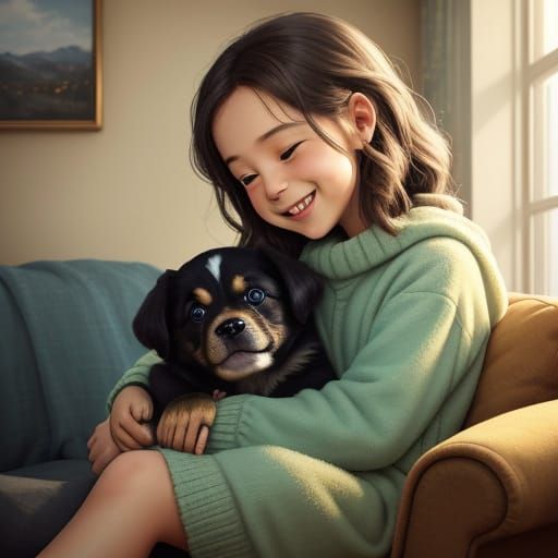 Child Embraces Adorable Puppy in Warm Living Room