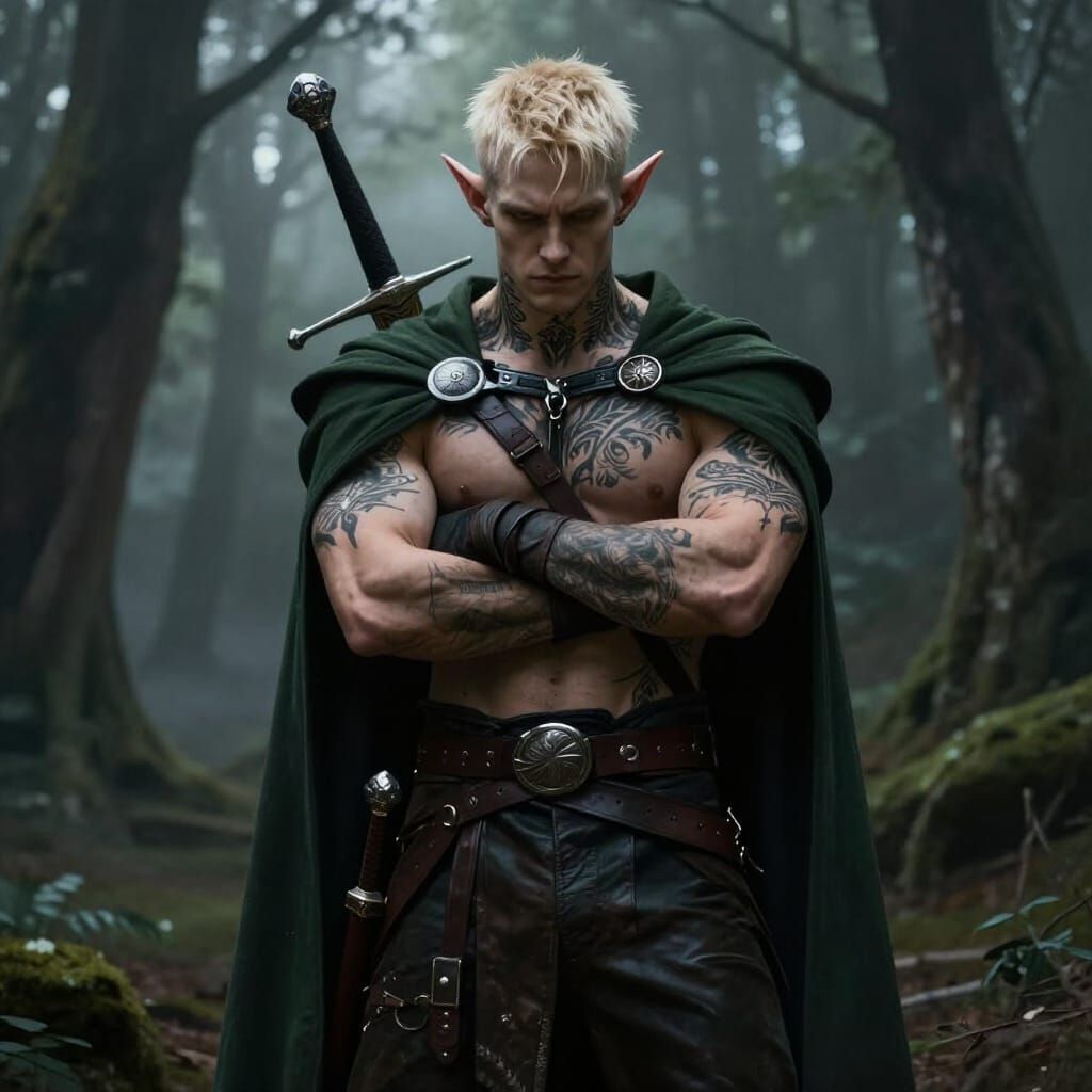 Muscular Elf Warrior in Misty Forest