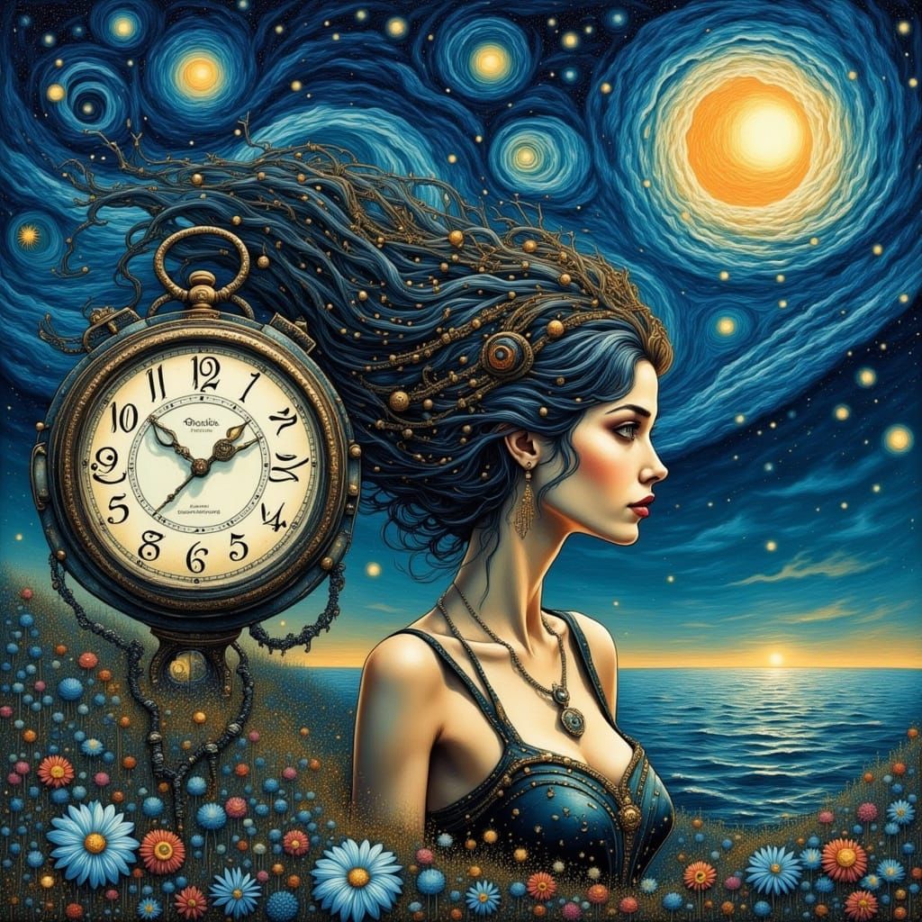 She winds the clock in starry skies