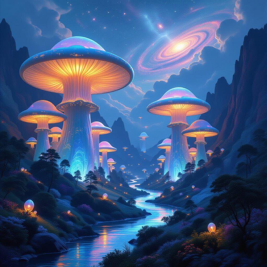 Bioluminescent Mushroom Cityscape in Fantasy Art Style