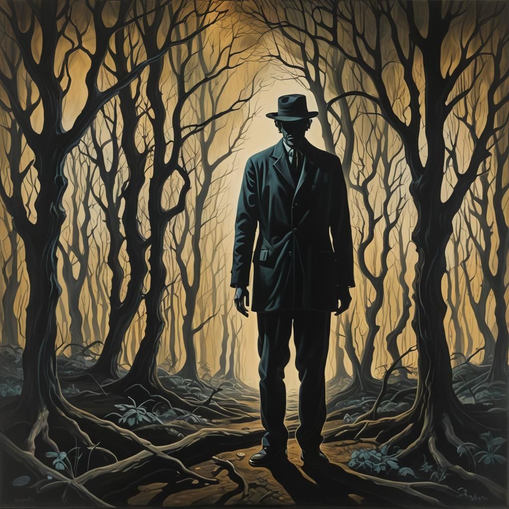 Surreal Silhouette in Dark Woods: Dali-esque Oil Painting