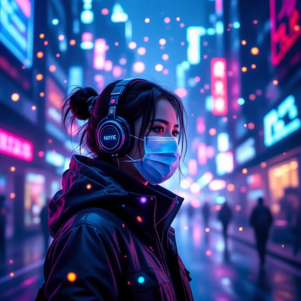 Futuristic Masked Figure in Neon Cityscape