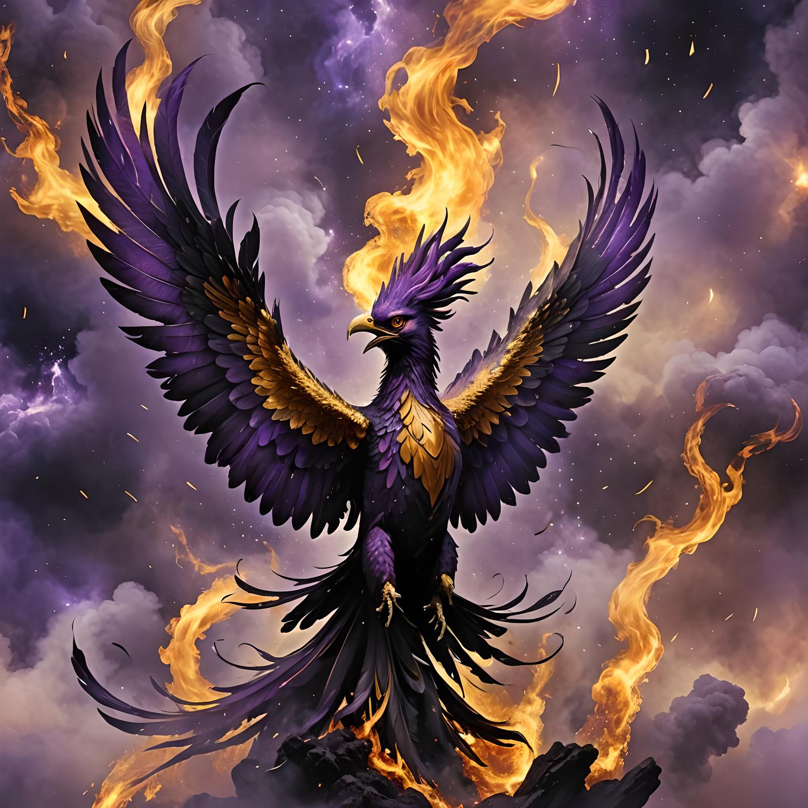A purple, Gold, black Phoenix rising majestically ascending....