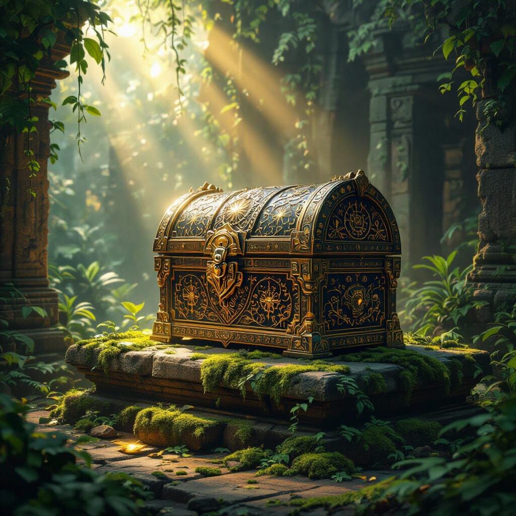 Ornate Treasure Chest in Jungle Temple, Hyperrealistic Art