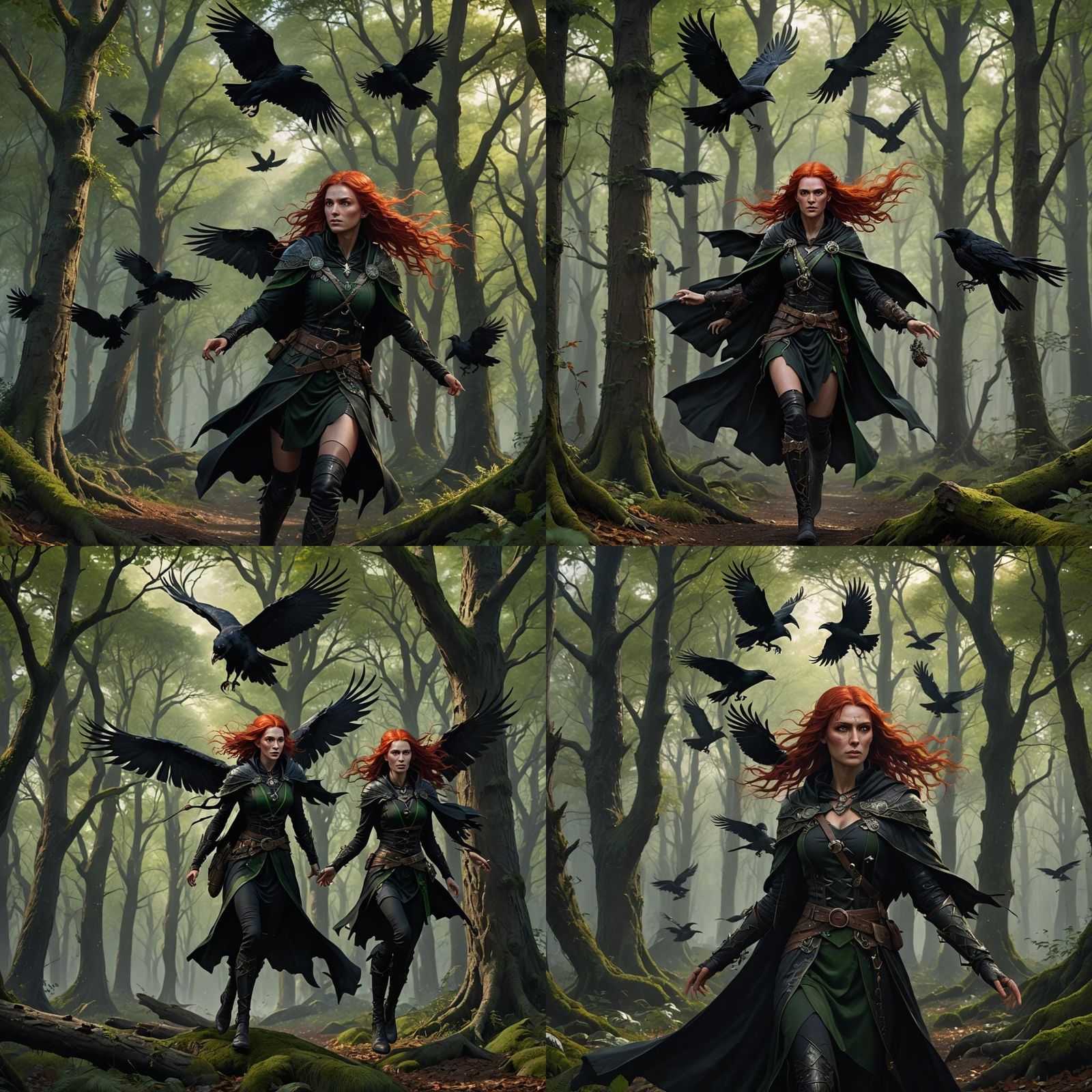 Gothic Druid in Dark Forest with Ravens