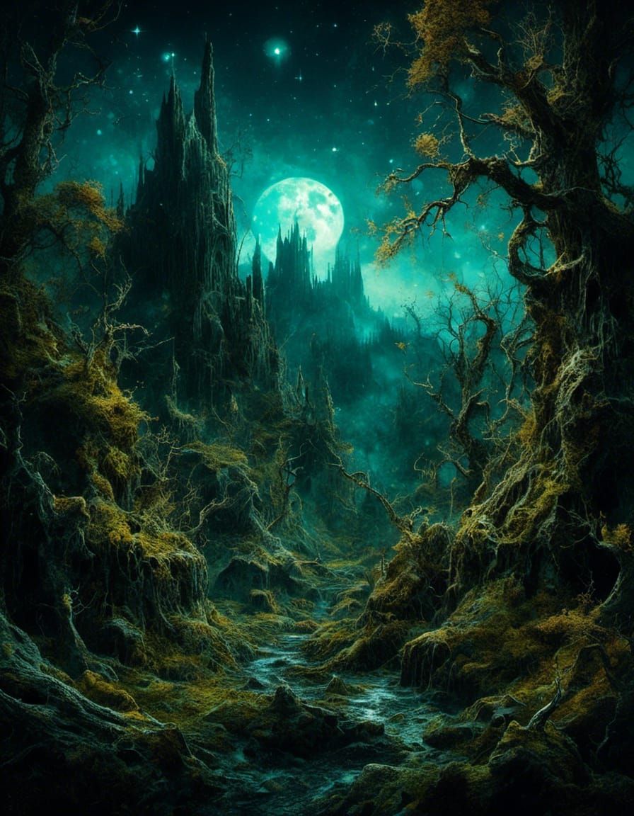 Macabre Moss Forest Digital Painting at Night