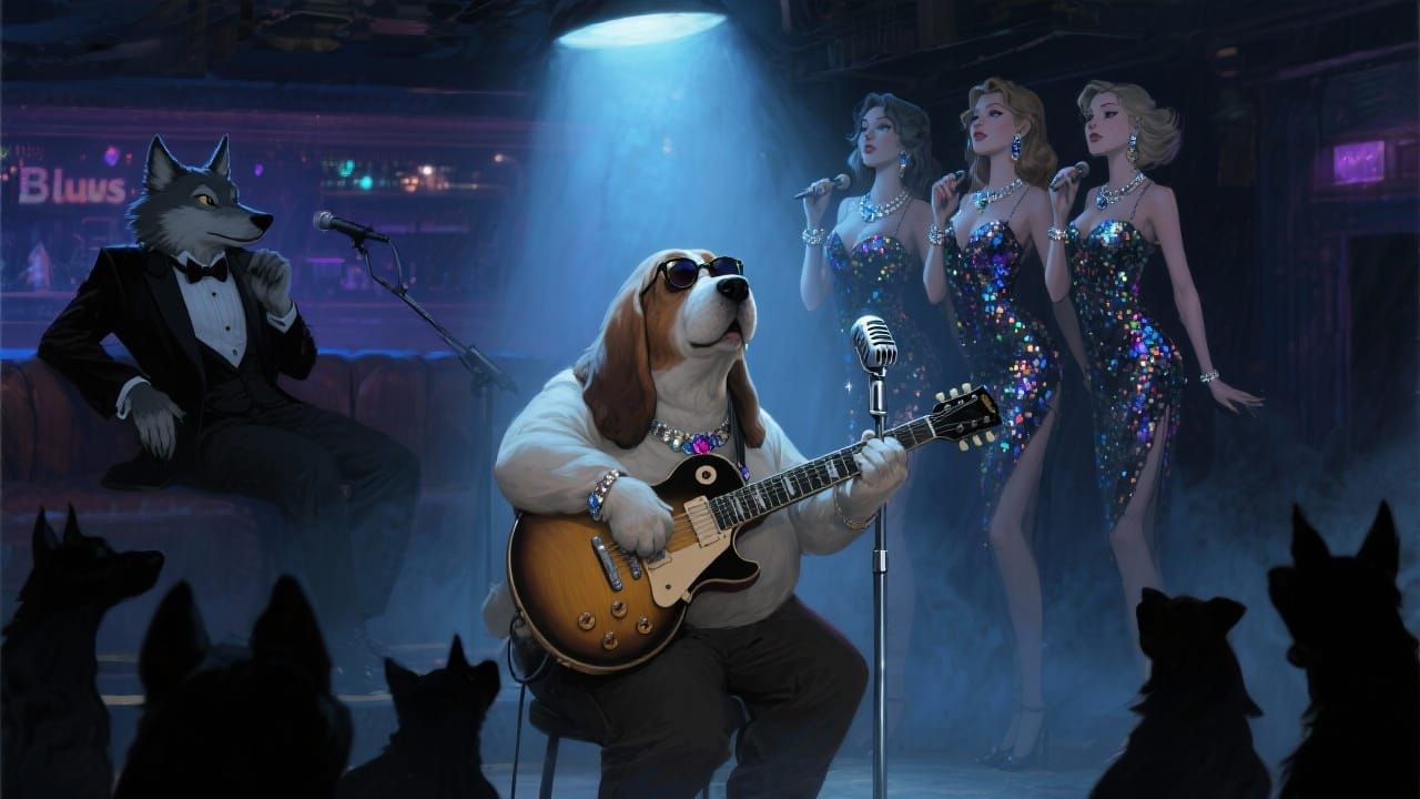 Basset Hound Sings the Blues with Glamorous Wolf Singers