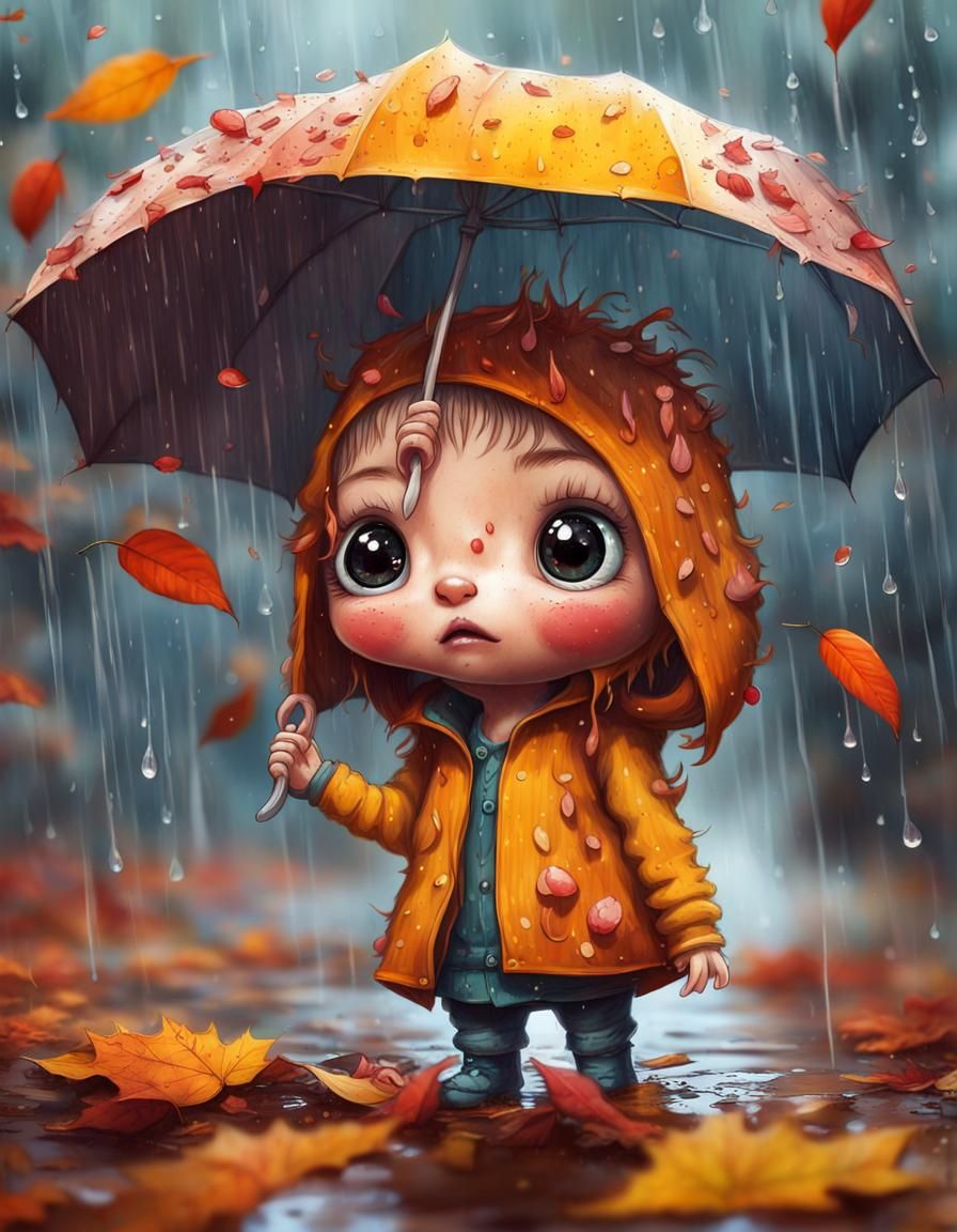 portrait of an adorable cute chibi monster in the pouring ra...