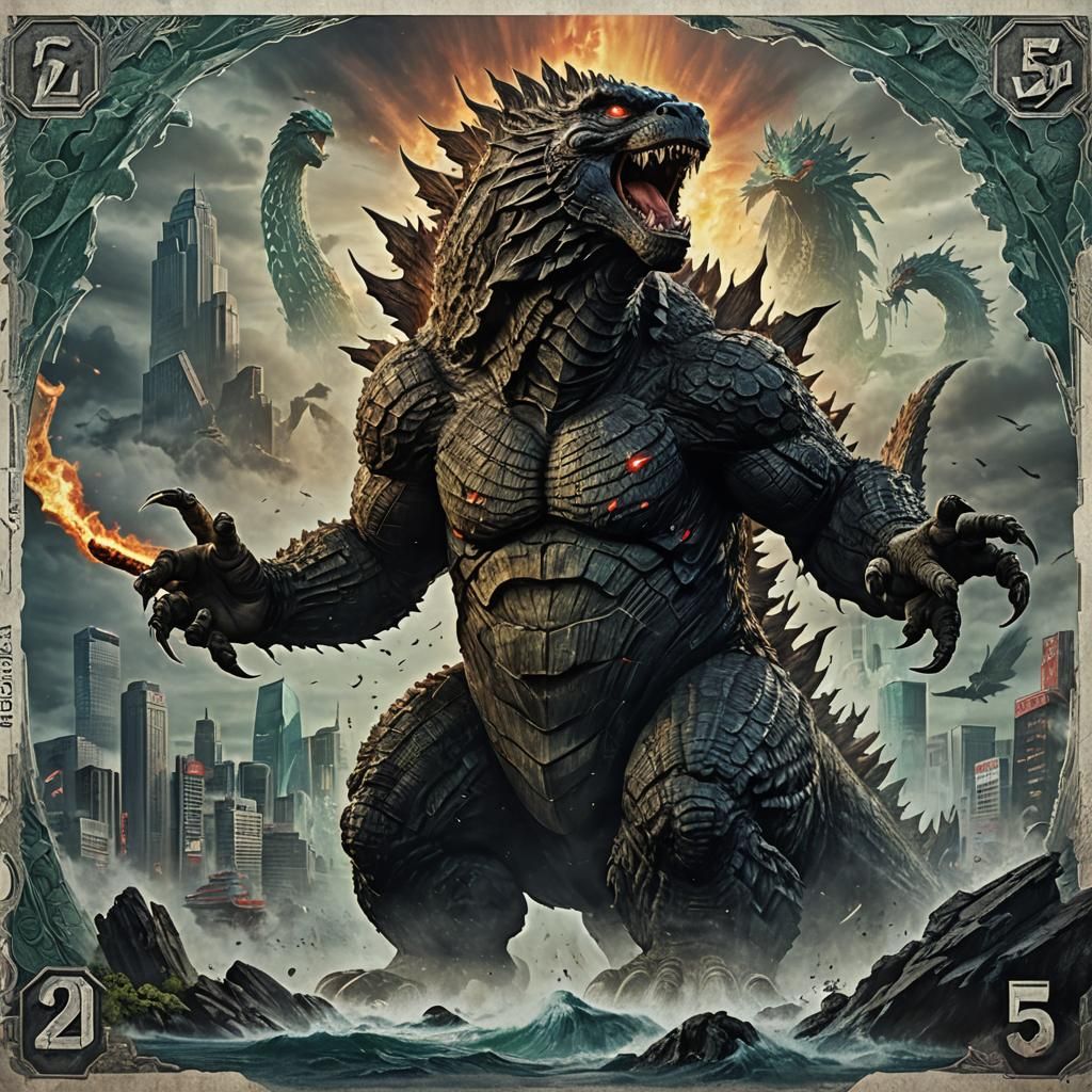 Godzilla Banknote: Detailed Matte Painting in Deep Color