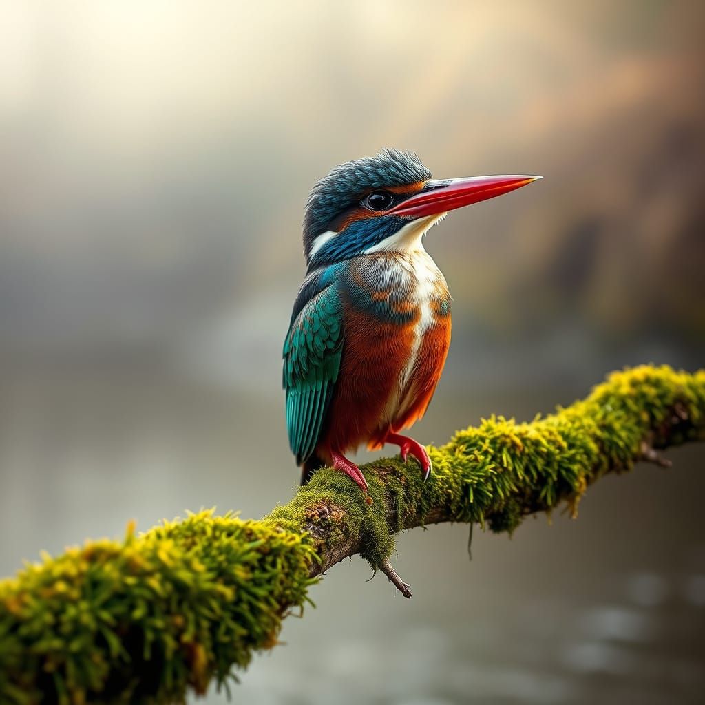 Kingfisher with Emerald Eyes on Mossy Branch