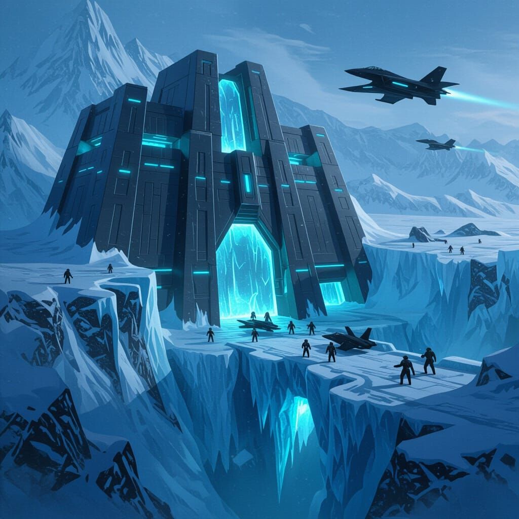 Menacing Glacier Fortress with Stealth Jets