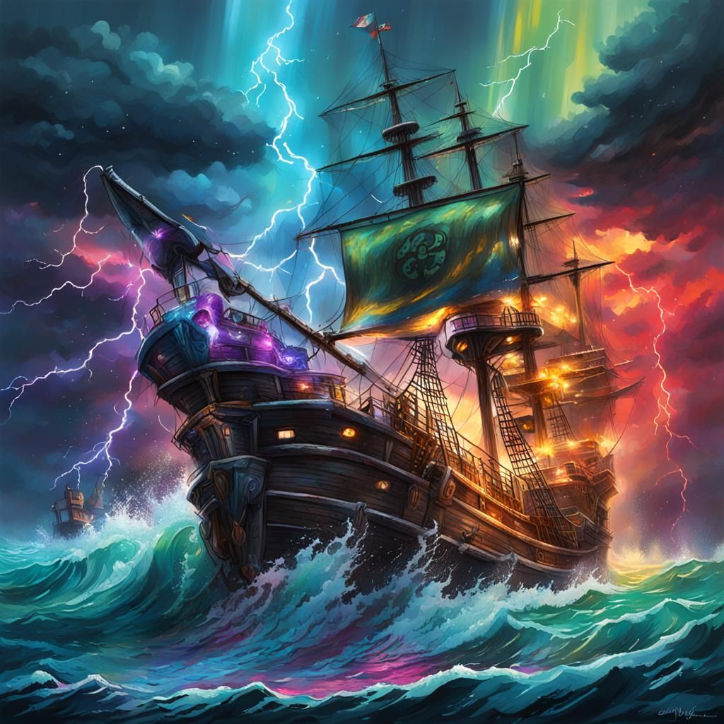 Ocean Lightning and Sinking Pirate Ship in Graffiti Art