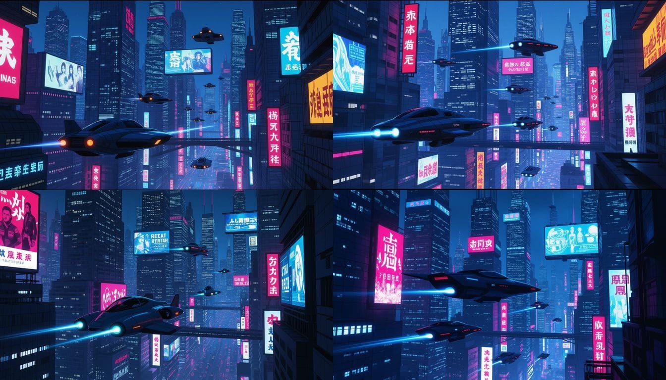 Cyberpunk Cityscape with Flying Cars and Neon Glow