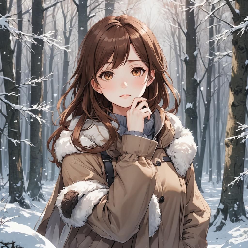 Anime Girl in Winter Woods, Manga Style