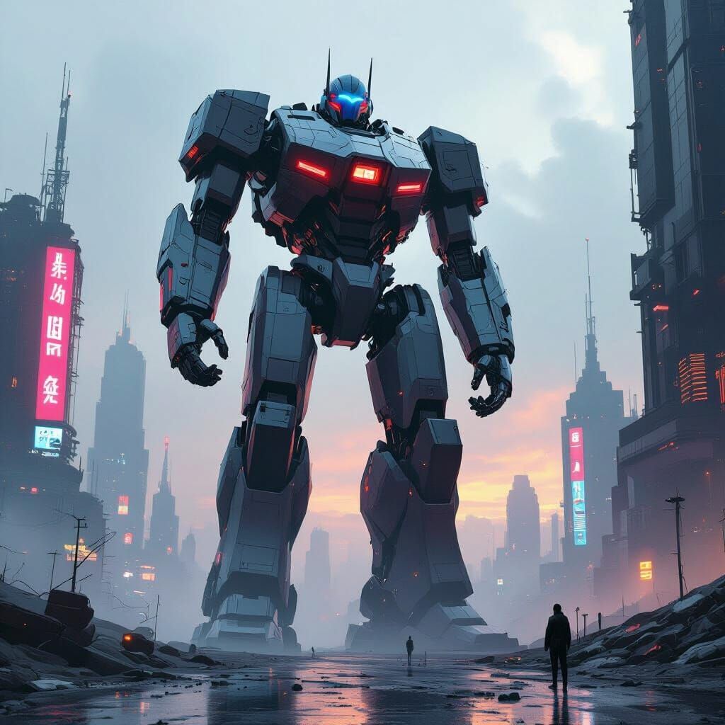 Colossal Robot in Cyberpunk Cityscape