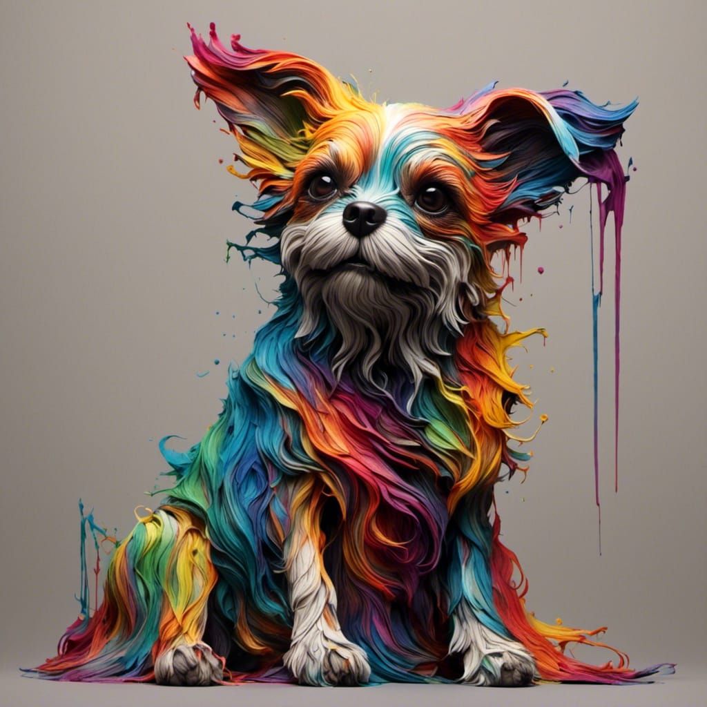 Rainbow Dog Sitting in Fantasy 2D-3D Style