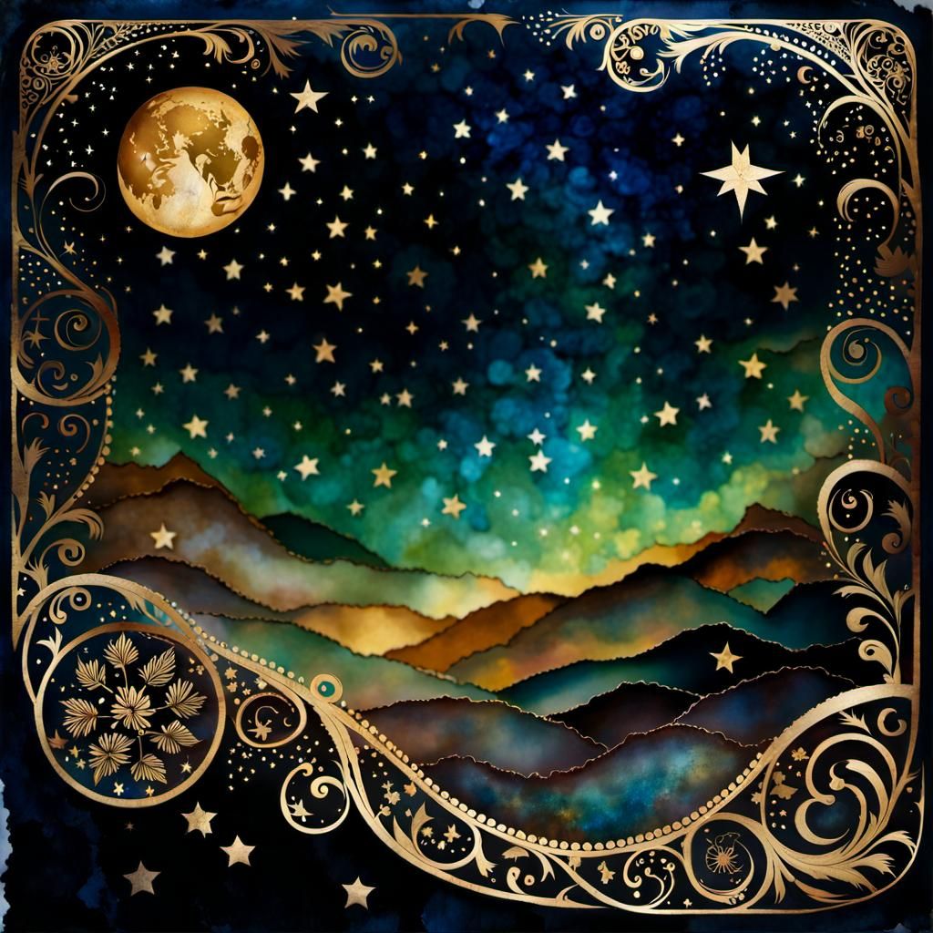 Antique Starry Night Sky in Mixed Media