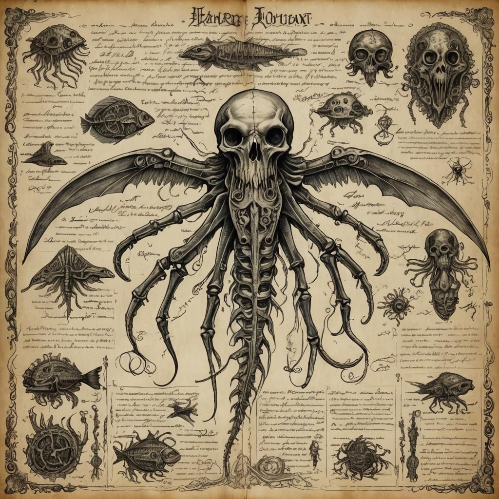 Lovecraftian Mutant Fish Monster Skeleton: Anatomical Drawin...