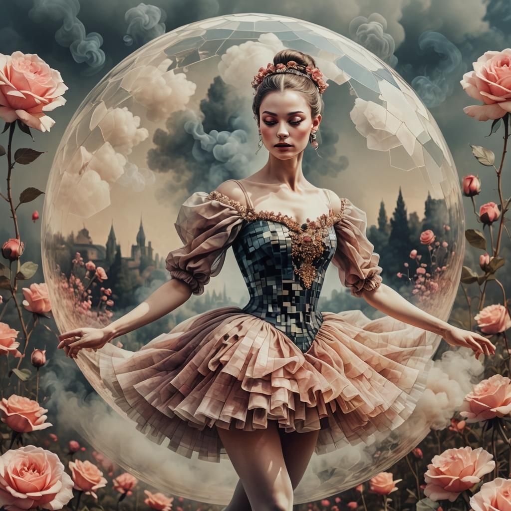 Pixelated Ballerina in Rose Field: Digital Pop Art