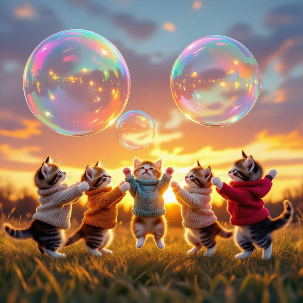 Kittens Play Among Sunset Bubbles in Photorealistic Surreali...