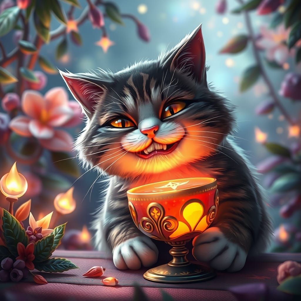 Enchanted Cat Drinks Glowing Elixir
