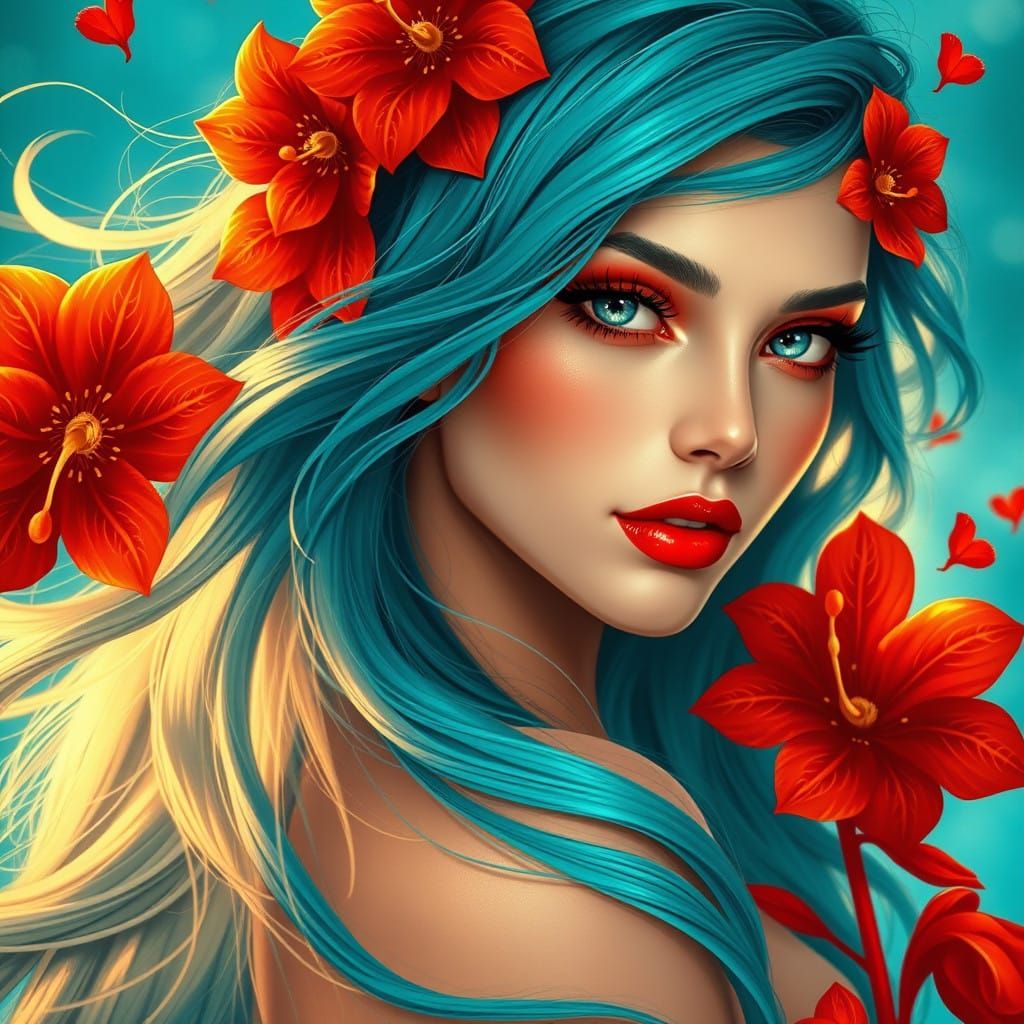 Ethereal Portrait in Vibrant Turquoise and Deep Red