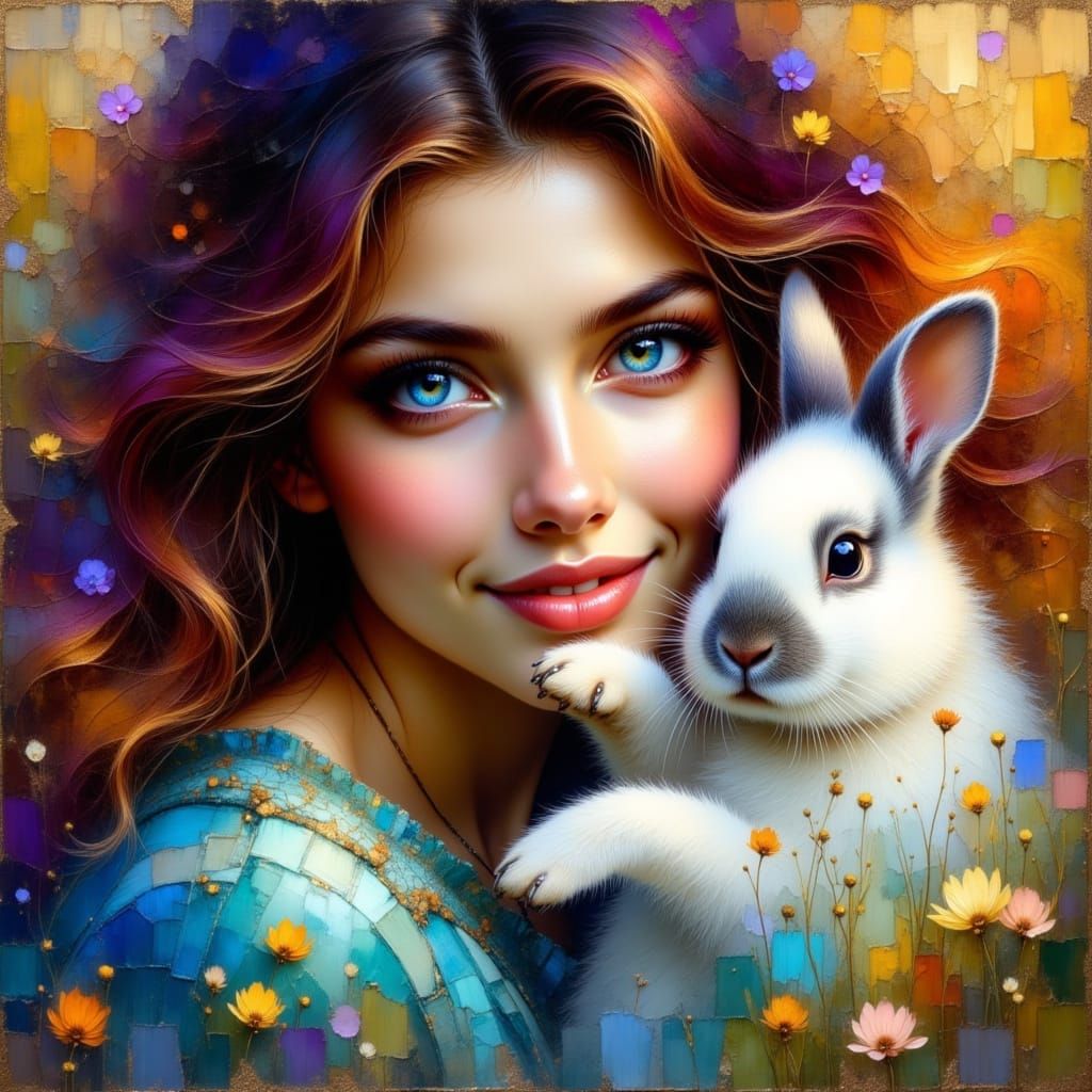 Woman with Rabbit, Hyperrealistic Oil Painting